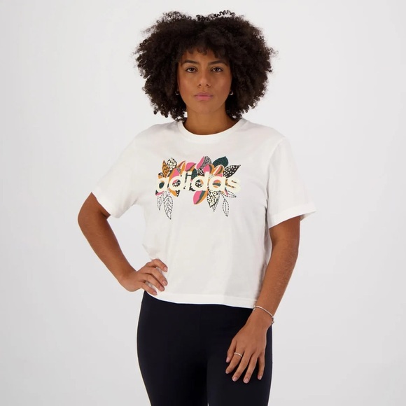 Adidas x Farm Rio Floral Logo Cropped White T Shirt Size Large - Picture 1 of 9